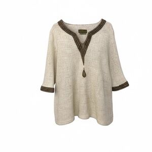 Hilana rough weave ivory tunic with brown on brown trim, 50%, wool,  50% cotton
